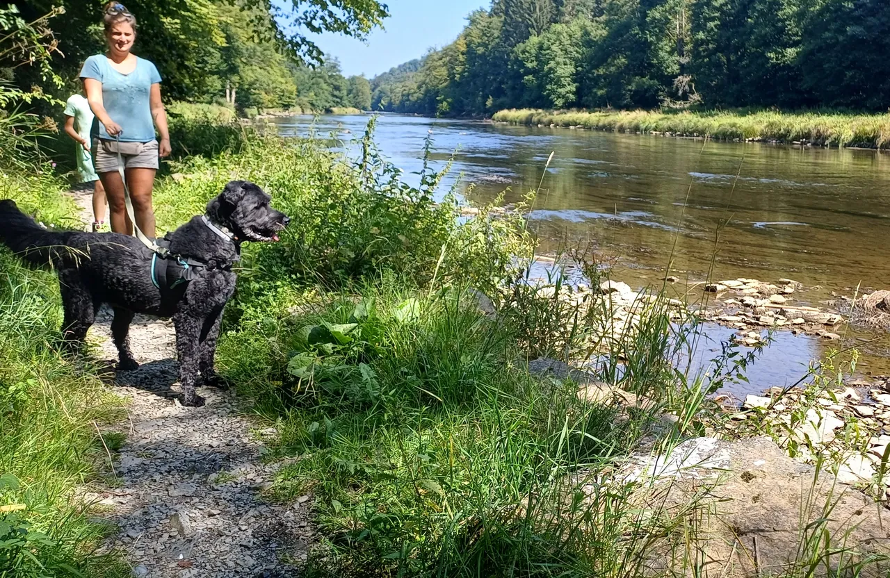 Éducatrice canine avec un chien en laisse au bord d'une rivière